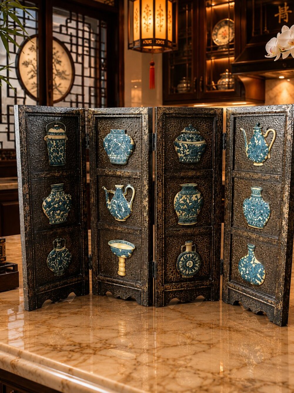 Vintage Chinese 4-Fold Hardwood Screen Inset Table Top With Blue & White Plaques